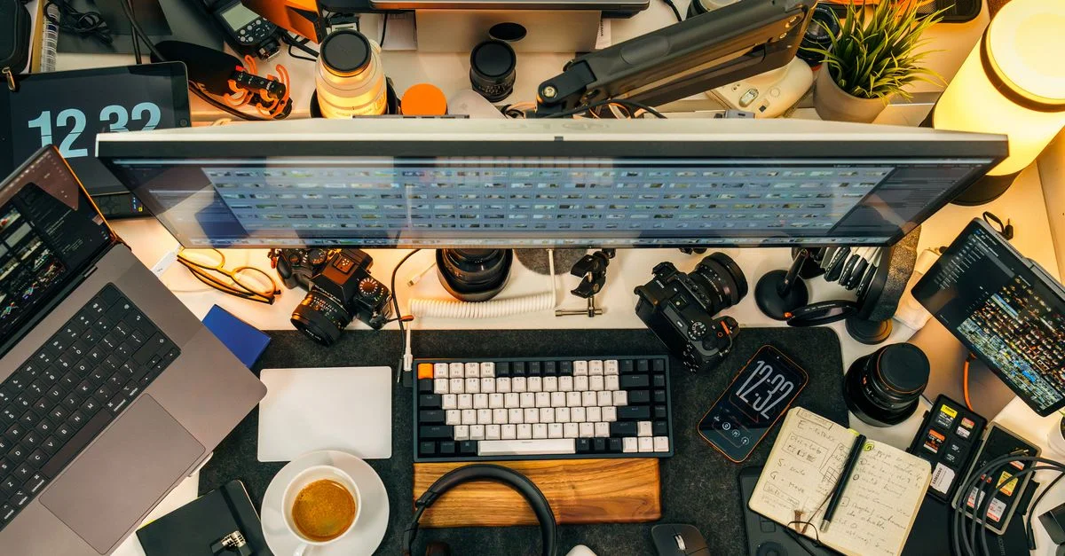 Vue de dessus d'un bureau encombré de matériel photo, d'ordinateurs portables et d'accessoires de travail.