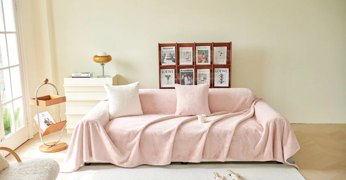Salon chic avec housse de canapé rose, décoration élégante et œuvres d'art encadrées.