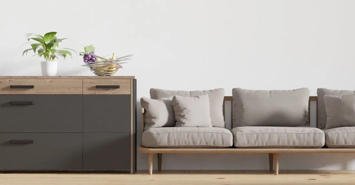 Un salon minimaliste élégant avec un canapé moderne et un coffre en bois.