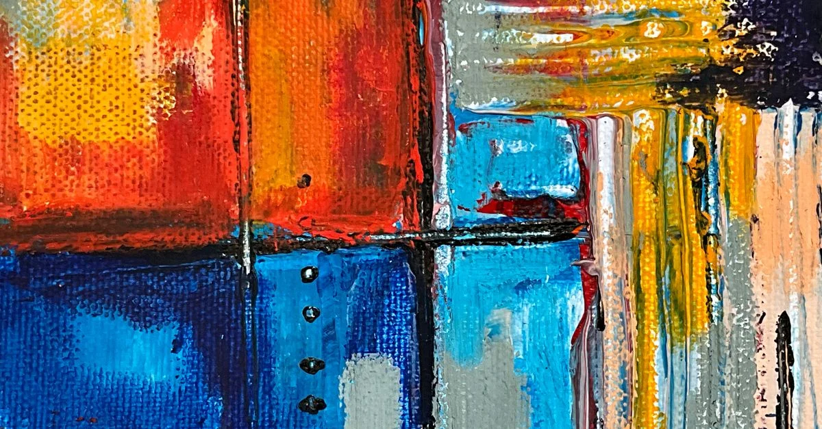 Peinture abstraite dynamique avec des couleurs vives et des coups de pinceau texturés.