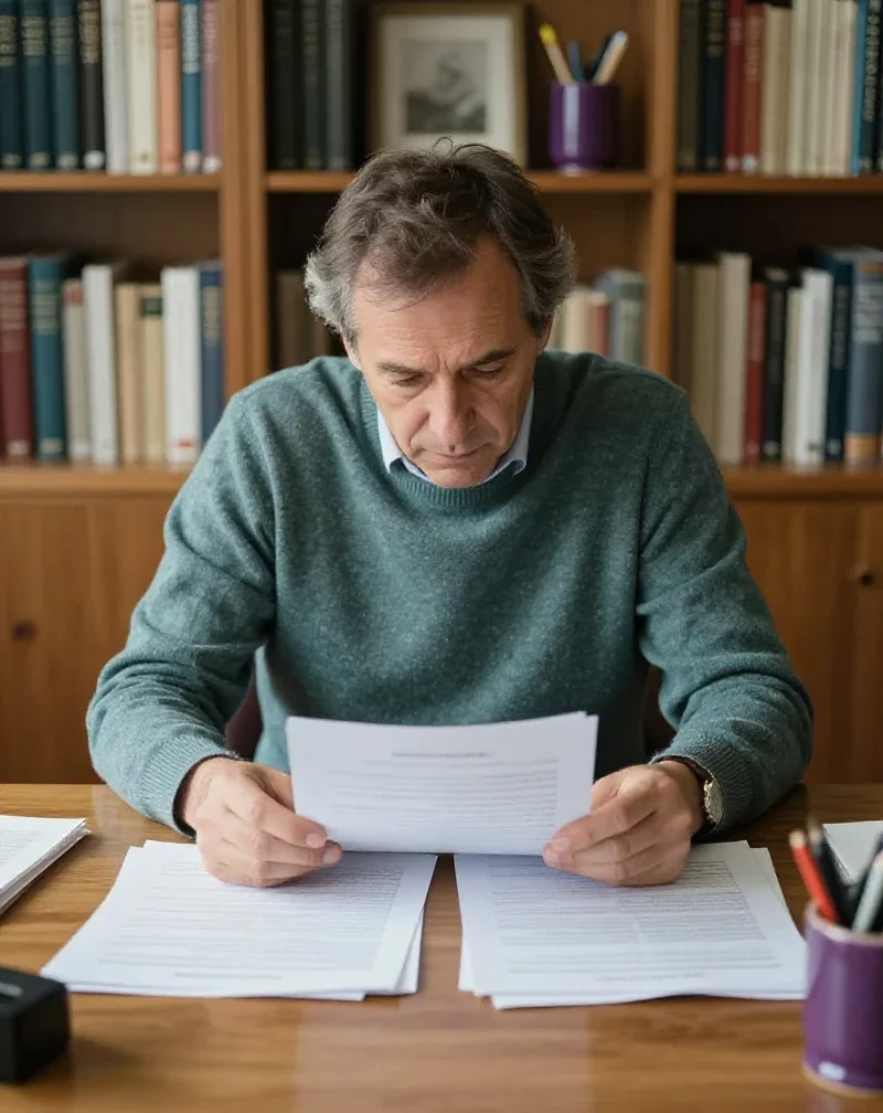 Médecin généraliste d'origine européenne analysant attentivement des dossiers médicaux pour un diagnostic précis.